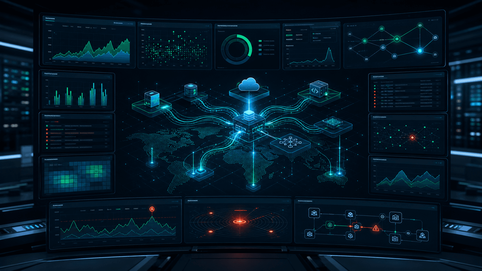 AI observability dashboard correlating telemetry, metrics, traces and operational anomalies