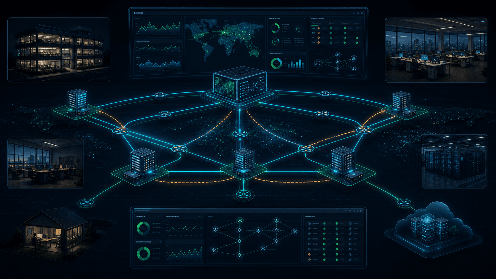Enterprise firewall and SD-WAN architecture securely connecting branches, data centers, remote users and cloud