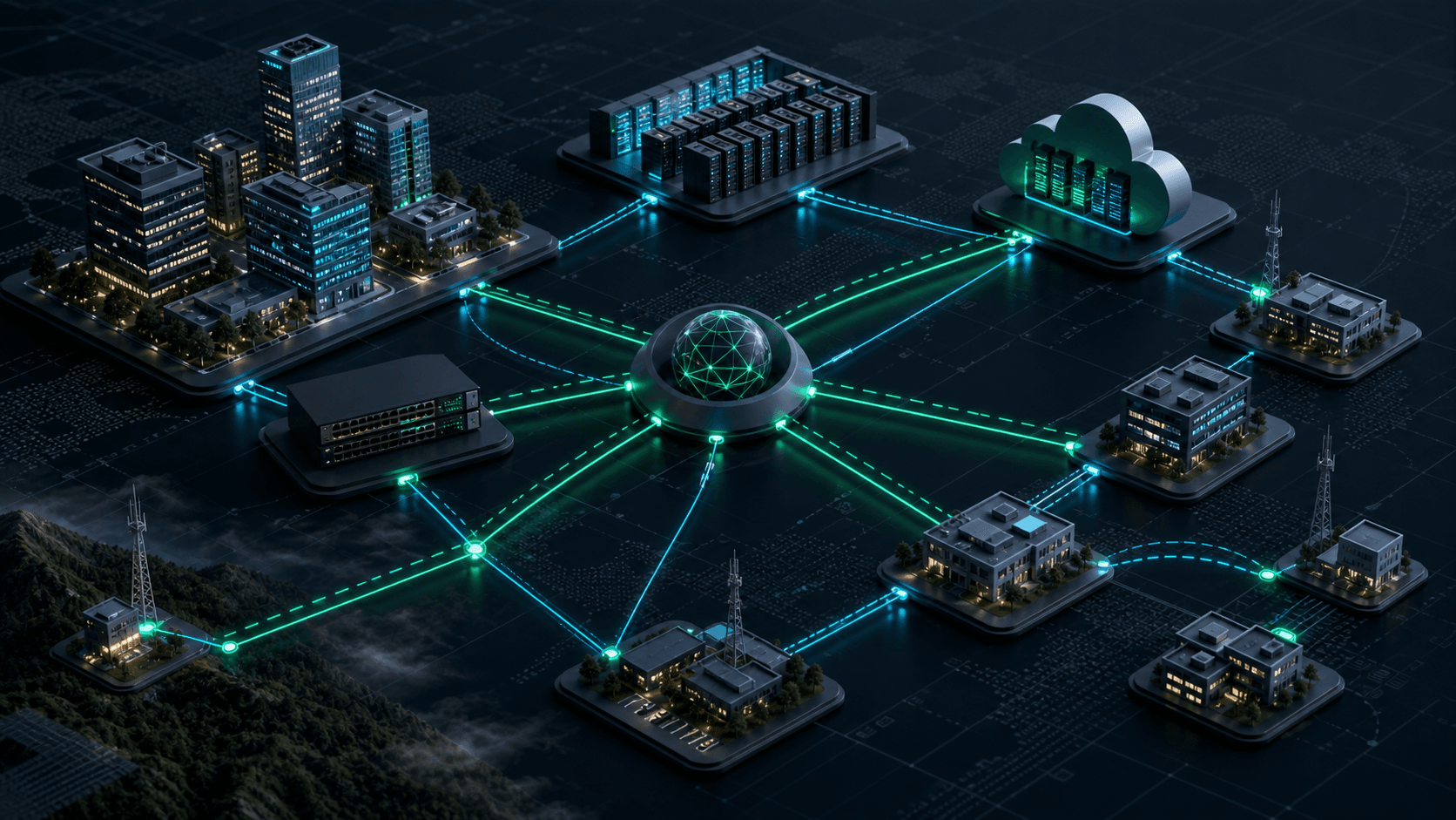 Modern enterprise network architecture connecting branches, data centers and cloud through SD-WAN