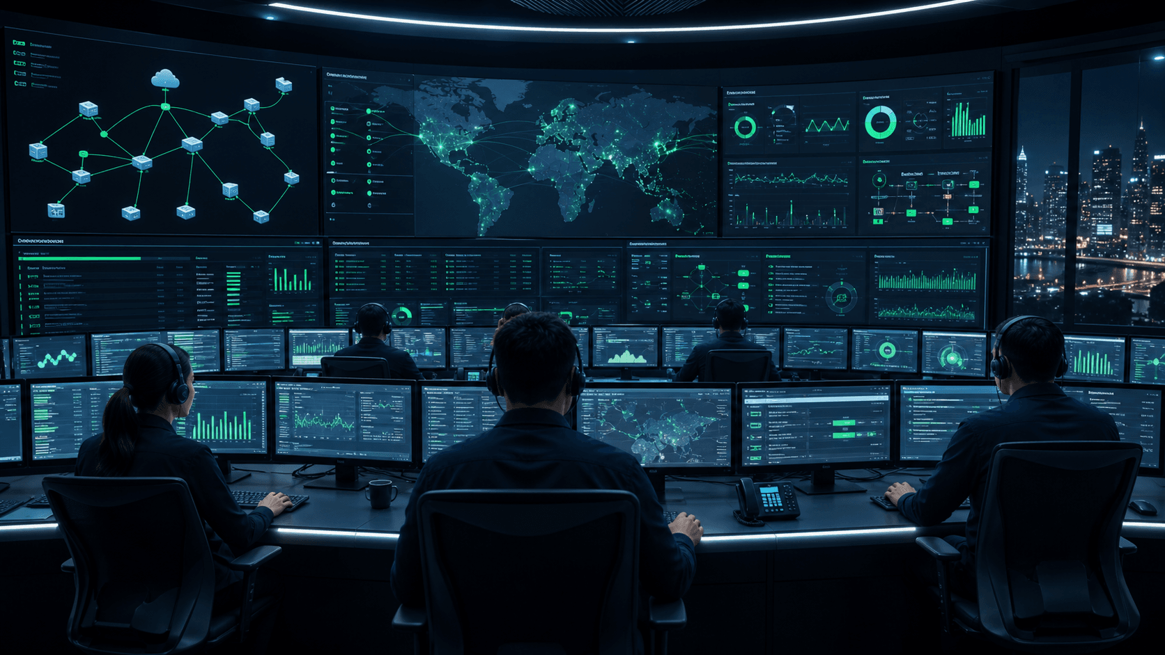 Centralized SOC and NOC command center monitoring network health, security and uptime
